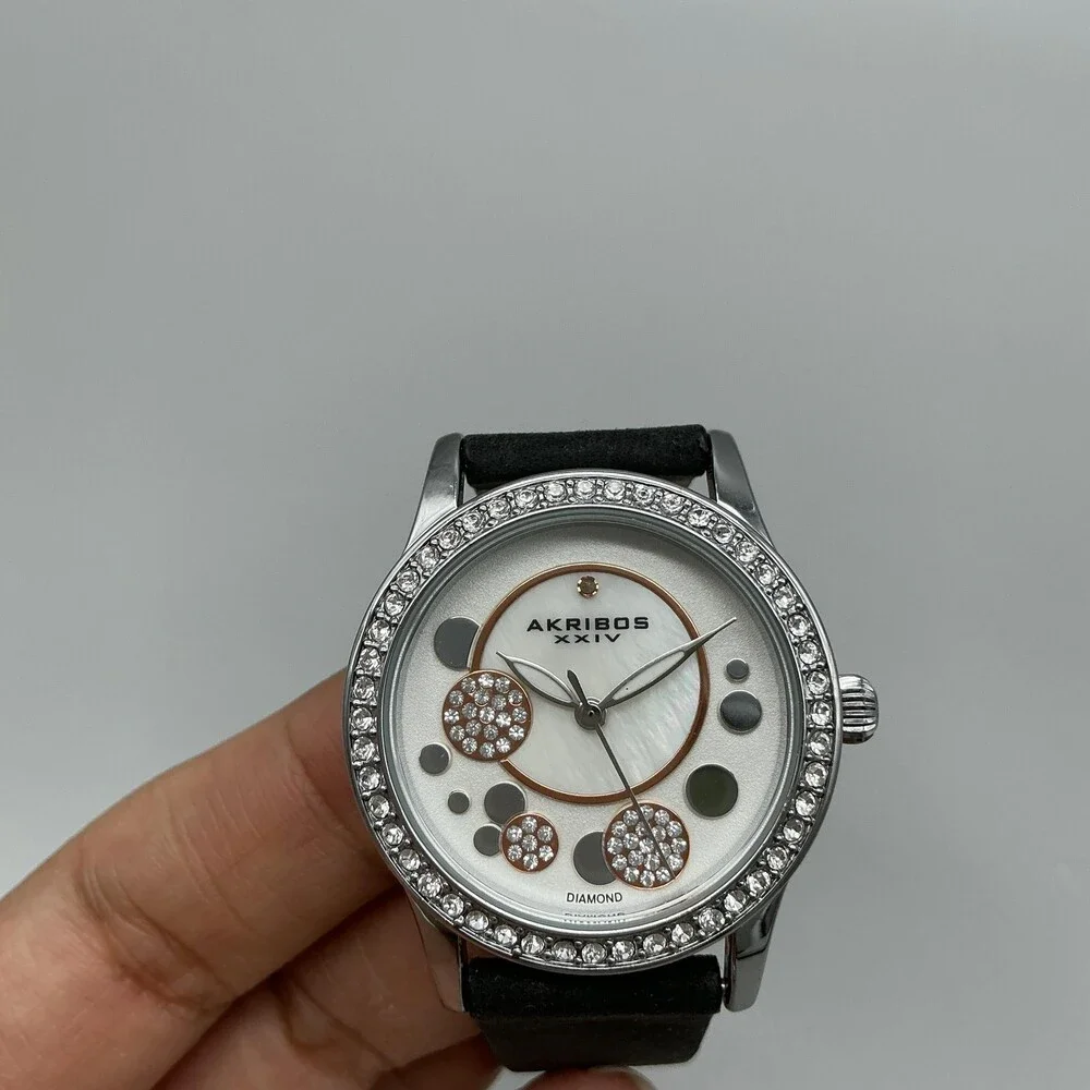 Akribos XXIV Womens Watch 34mmSilver Tone MOP Leather Crystals New Battery